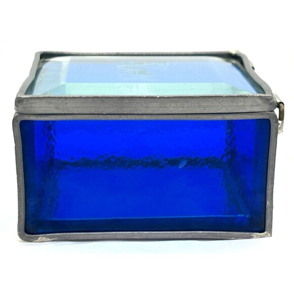 Stained Glass Trinket Box Cobalt Blue Mirrored Bottom Etched Stage Coach Hinged‎ - Picture 3 of 16